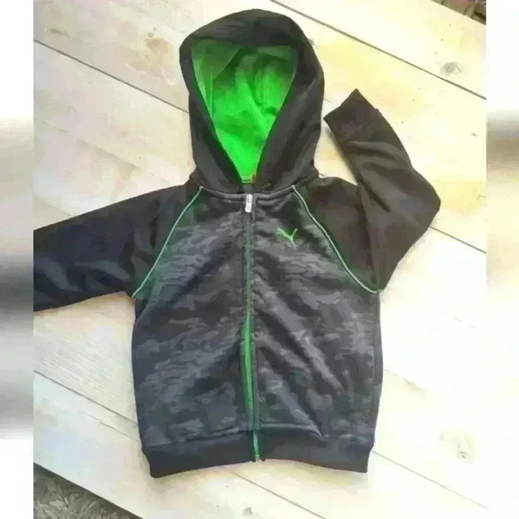 Puma Camouflage Print Neon Green Gray Black Boys Hooded Zip Up Sweater Jacket 3T - Picture 1 of 5